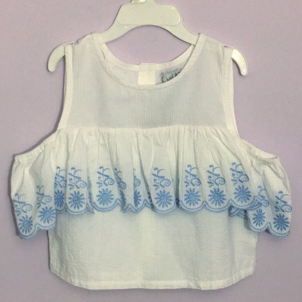 Blue and White off-the-shoulder top, cropped.